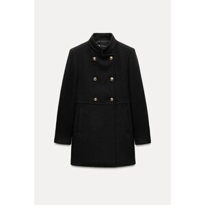 Zara Womens Double Breast Coat Small S Black Wool Blend gold button 9762/141 NWT